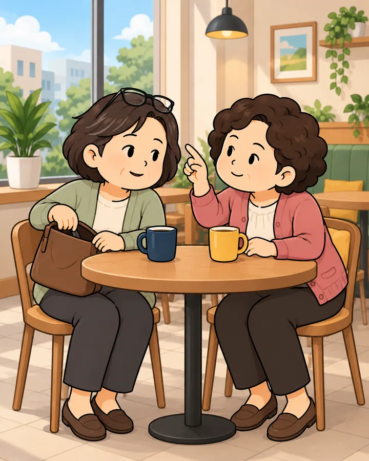 동네 카페에서 머리 위 안경을 찾다 함께 미소 짓는 두 친구